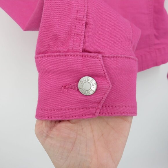 GUESS Women Small Pink Stretchy Denim Jean Jacket Collared Button Front Pockets - Picture 5 of 10